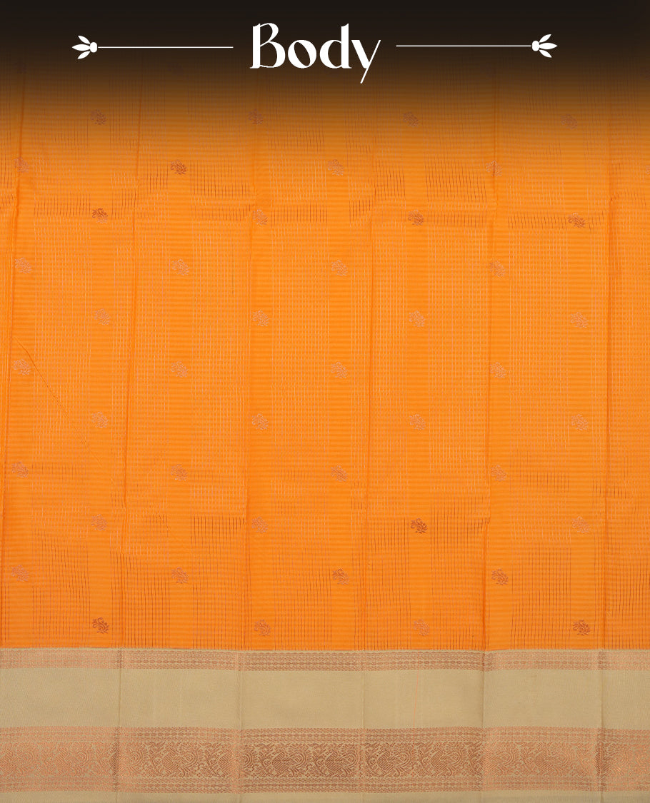 Orange colour Semi Silk Saree with rose gold zari striped patterns on the body, paired with a contrasting cream colour traditional pallu and border, and a matching blouse piece.