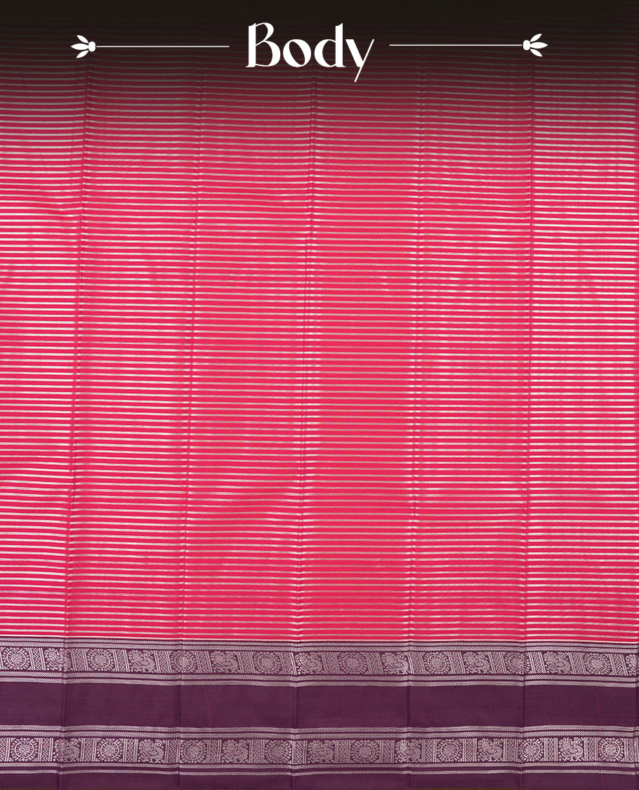 Rani pink colour Semi Silk Saree with silver zari patterns on the body, paired with a contrasting dark purple colour traditional pallu and border, and a matching blouse piece.