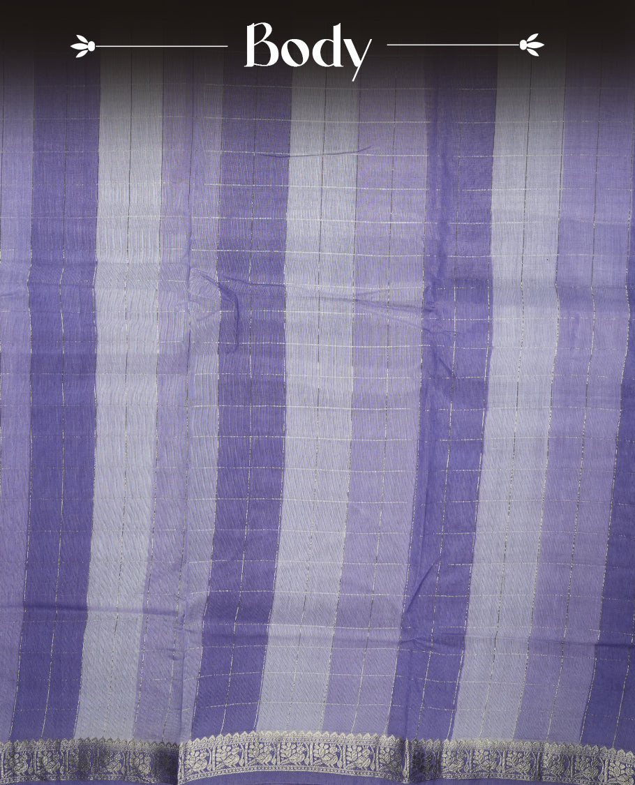 Lavender colour mixed chanderi cotton saree with checkered pattern body, silver zari border, matching pallu, and matching blouse.