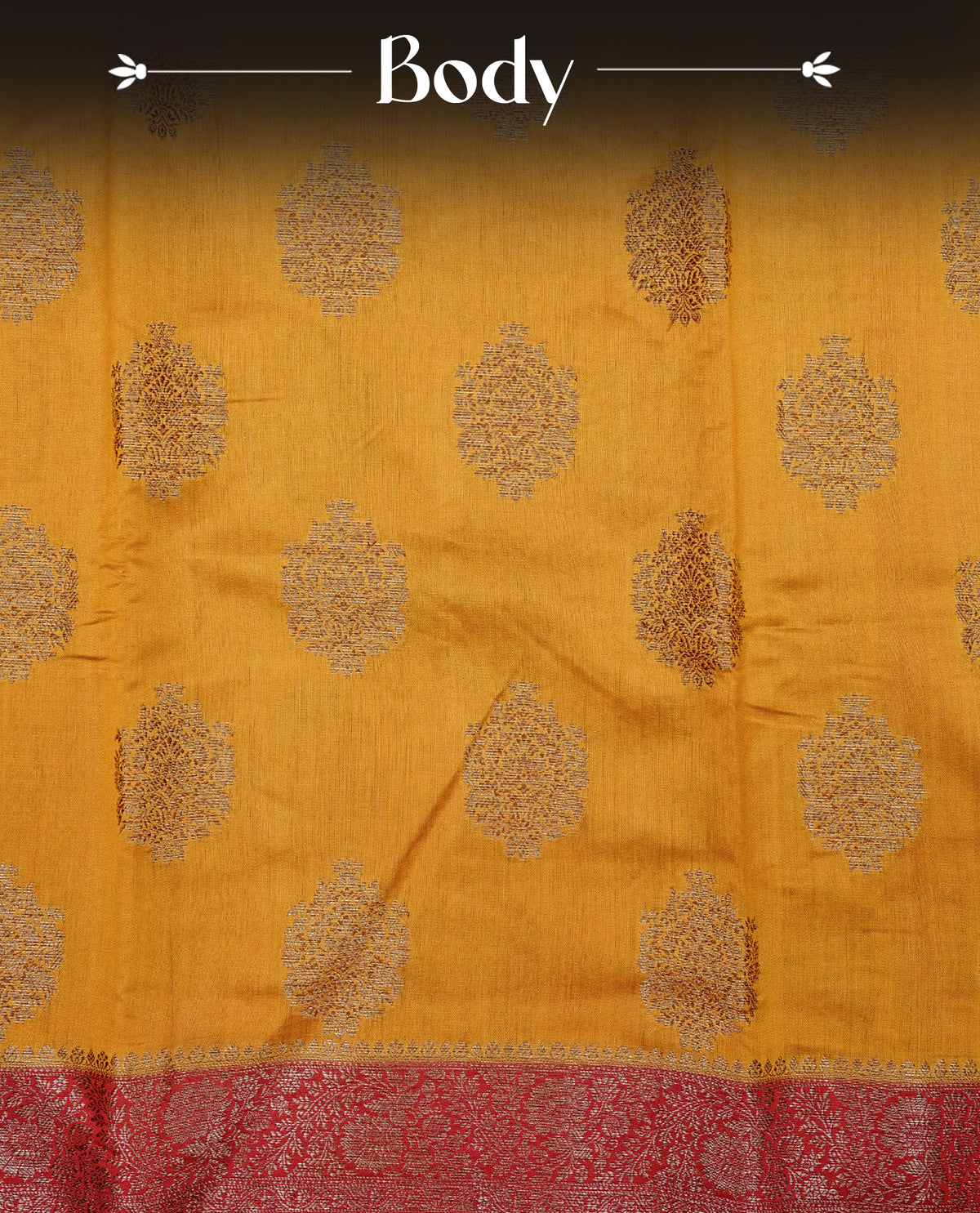Mustard colour banaras saree featuring gold zari motifs on body, complemented by contrast Maroon colour with gold zari border, comes with matching blouse piece.
