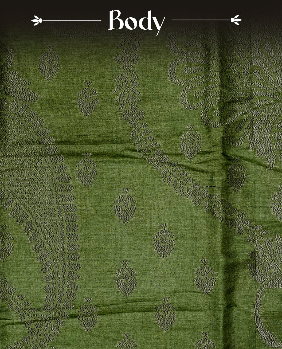 Olive green colour banaras saree featuring Antique zari kodi pattern on body, complemented by Zari pattern on self colour border, comes with matching blouse piece.