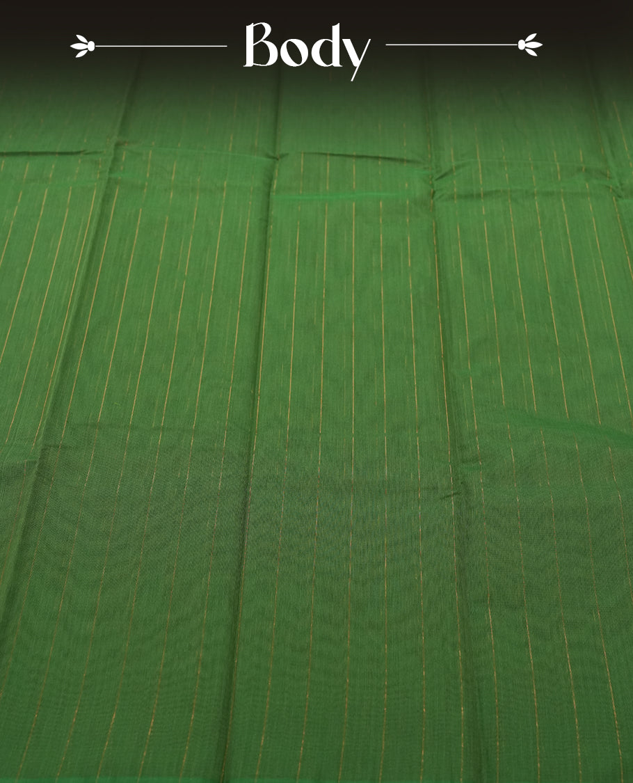 Bottle Green Colour silk cotton saree with fine gold pinstripes on the body, multitone rust-red striped pallu, and a plain rust-red blouse with a slim green edge