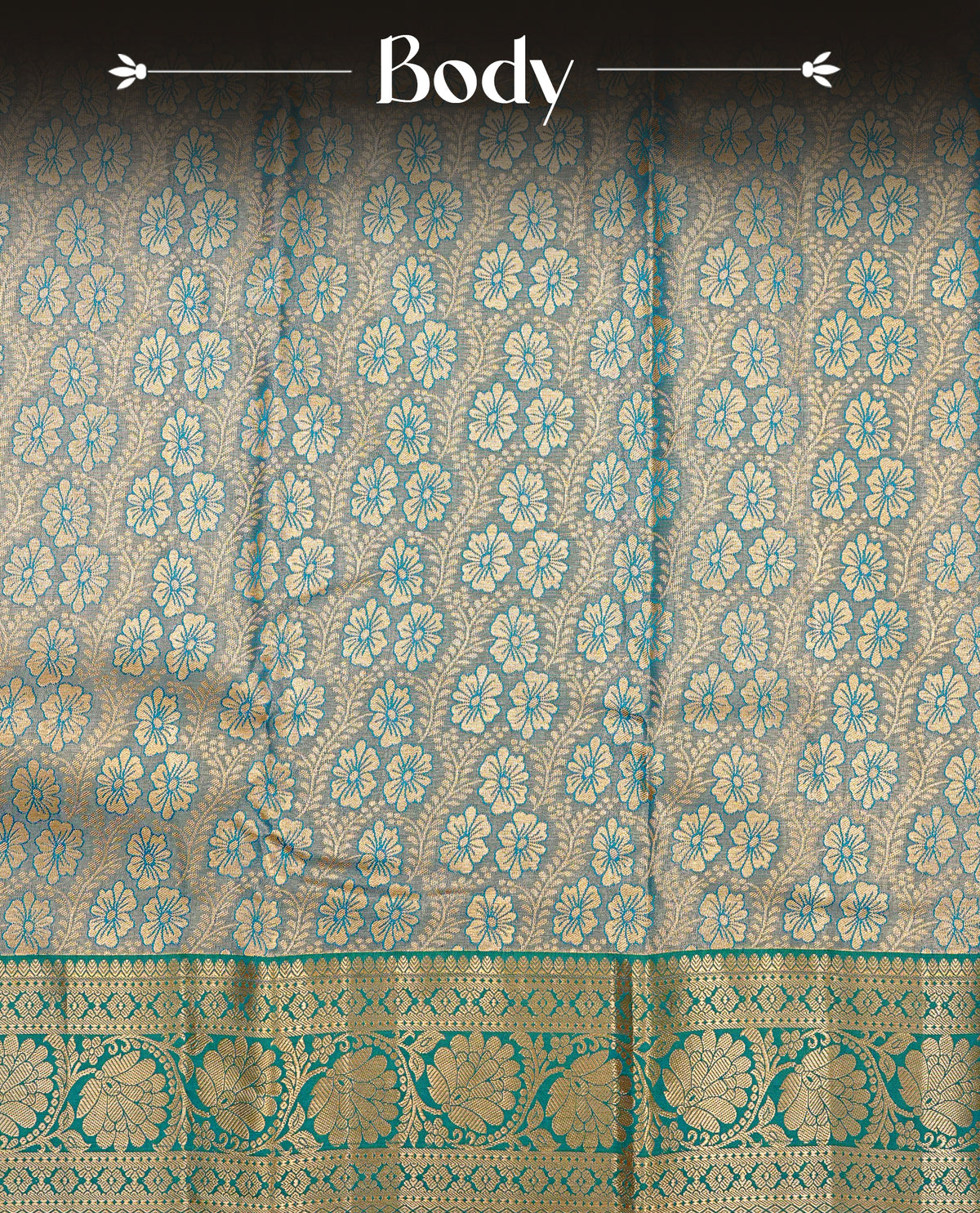 Light blue & Silver colour Double shade Semi tissue silk saree featuring Gold zari Kodi pattern on body, Contrast green colour with traditional border, paired with matching blouse piece.