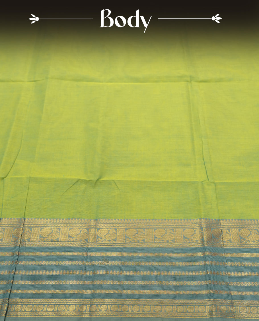 Lime Green colour Silk Cotton Saree with Dual-Tone Teal Zari Border Featuring Peacock Panels and Geometric Stripes, Clean Body, Striped Zari Pallu, and a Coordinated Matching Blouse Piece