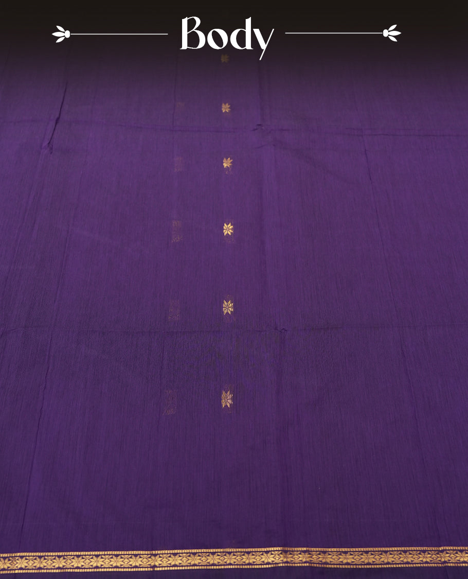 Purple Colour Silk Cotton Saree with Gold Floral Buttas Body, Accented by Red and Gold Zari Striped Pallu, Paired with Matching Blouse Piece