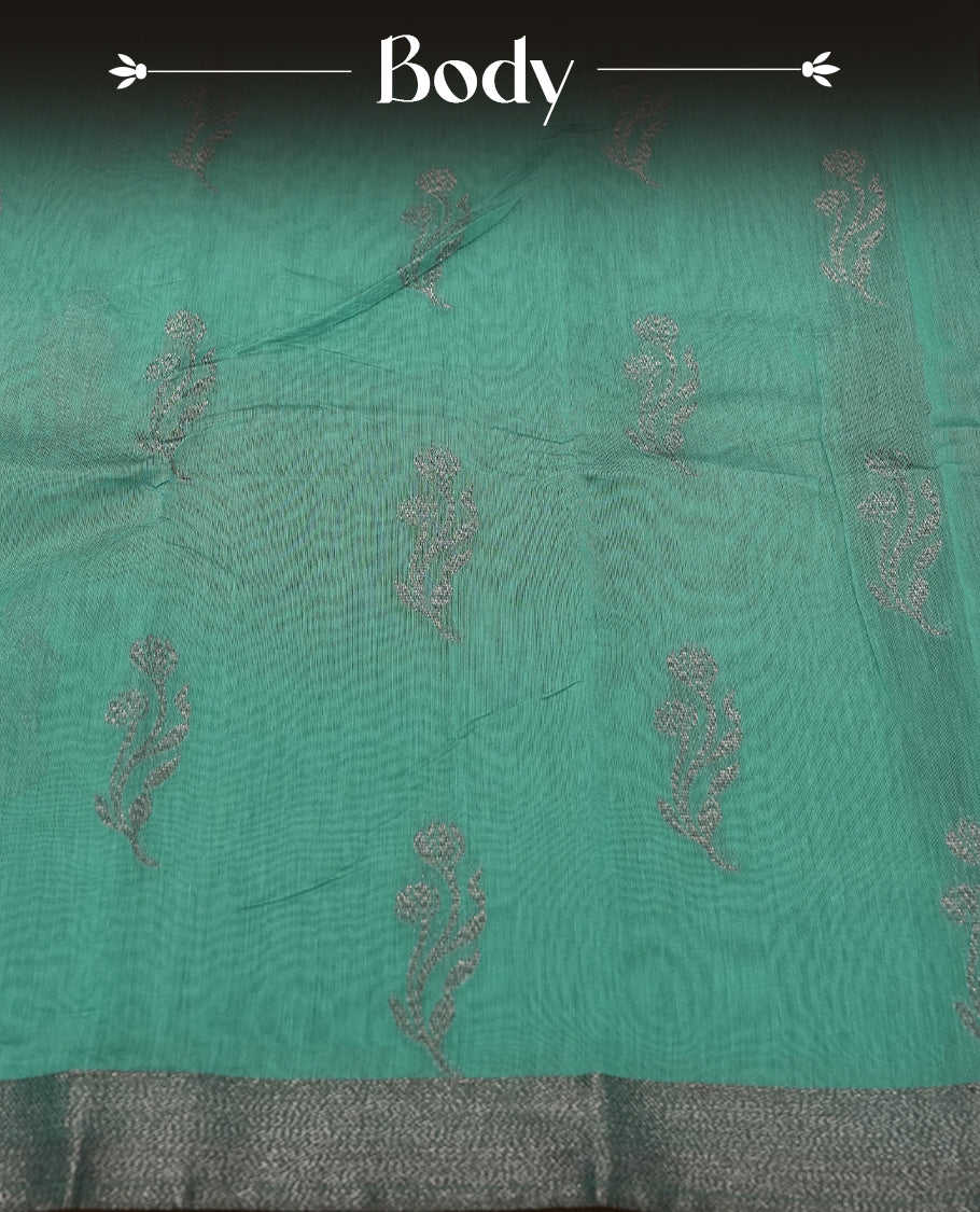 Dark Teal Green Colour Silk Cotton Saree with Dark Silver Floral Butta Body, Contrasting Dark Silver Zari Pallu & Border, Floral Vine Motifs, and Matching Plain Woven Blouse Piece