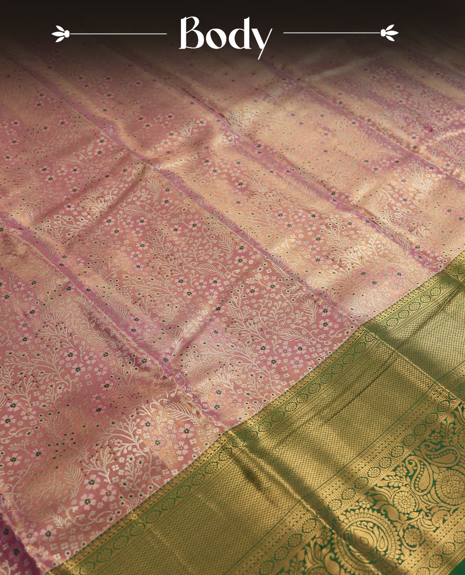 Flamingo Pink colour and Antique silver Zari Tissue Brocade Saree features intricate coloured floral Motifs on body and a green colour with traditional border & pallu, paired with matching blouse