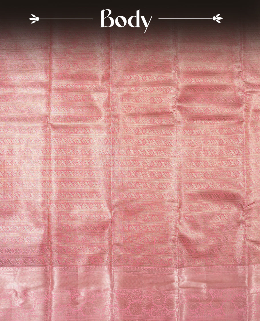 Light pink colour and gold Zari Tissue Brocade Saree features intricate Motifs on body and rose gold colour traditional border & pallu, paired with matching blouse