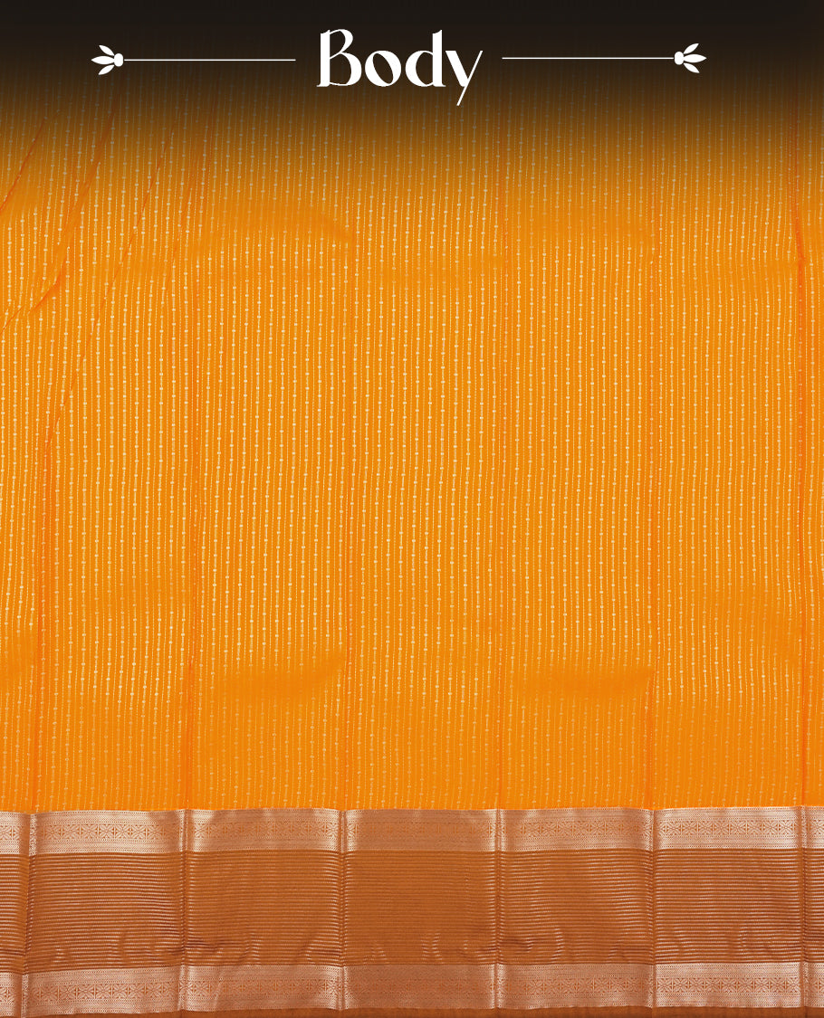 Saffron Orange Colour Semi Silk Saree with Golden Striped Body, Copper Zari Allover Heart Motif Pallu & Border, Textured Finish, and Matching Blouse Piece