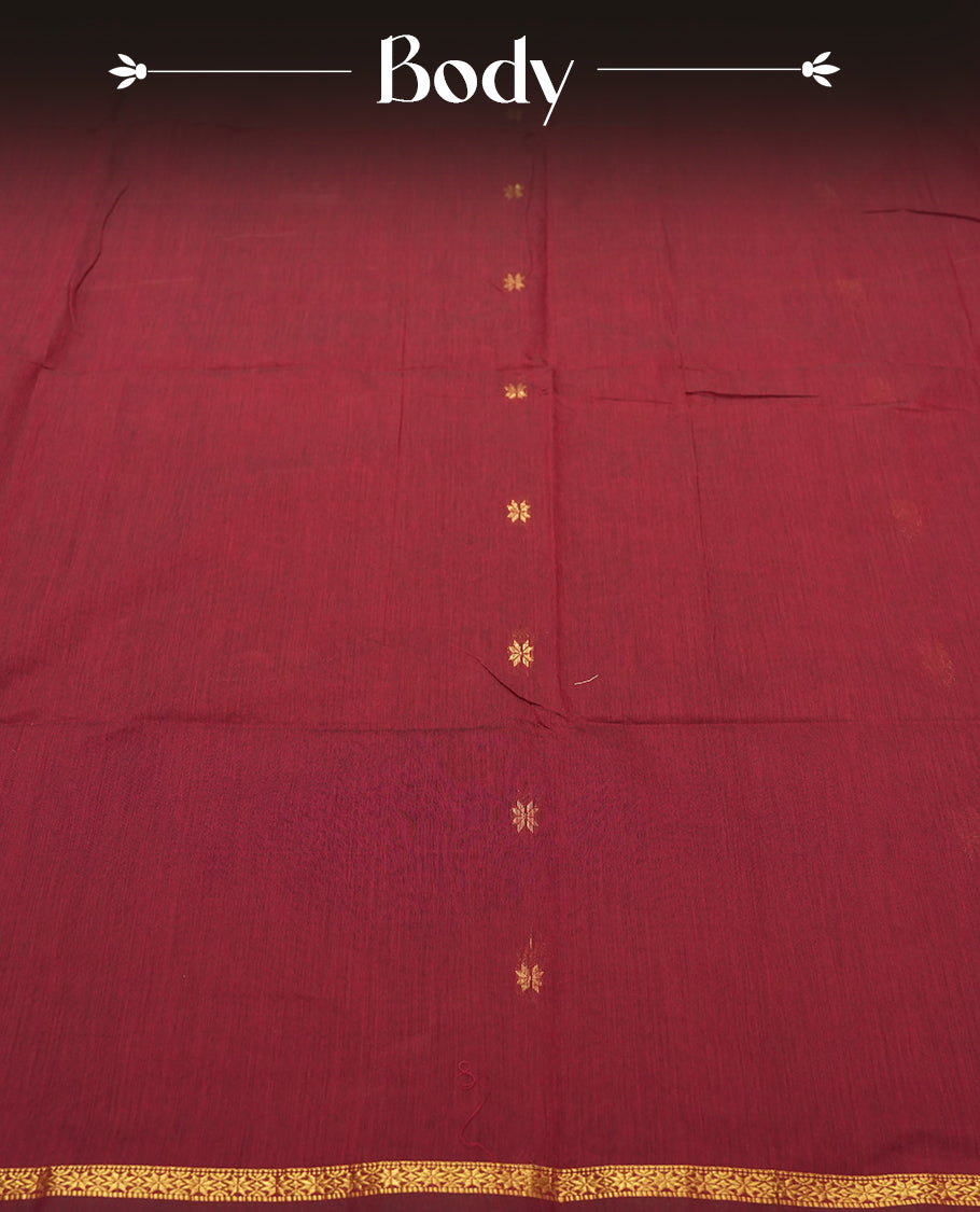 Red Silk Cotton Saree with Gold Floral Buttas Body, Accented by Gold Zari Border on Navy Blue and Red Striped Pallu, Paired with Matching Blouse Piece