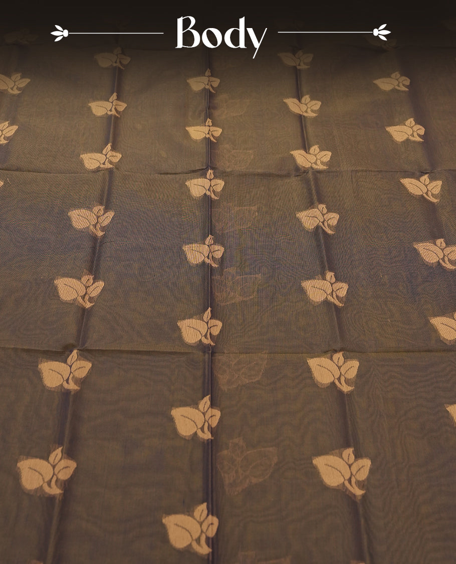 Navy Blue and Yellow Double Shade Colour Silk Cotton Saree with Cream Leaf Butta Body, Contrasting Cream Zari Pallu & Border, Floral Motifs, and Matching Woven Blouse Piece.