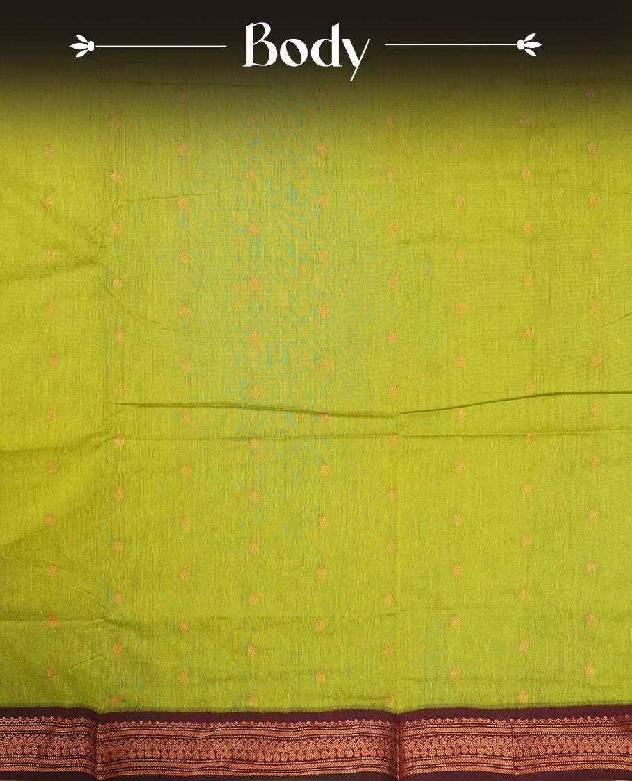 Lemon green colour Kalyani Cotton saree with rich maroon border and pallu, featuring copper zari motifs, small floral motifs on the body, and intricate weaving & includes a matching blouse piece.