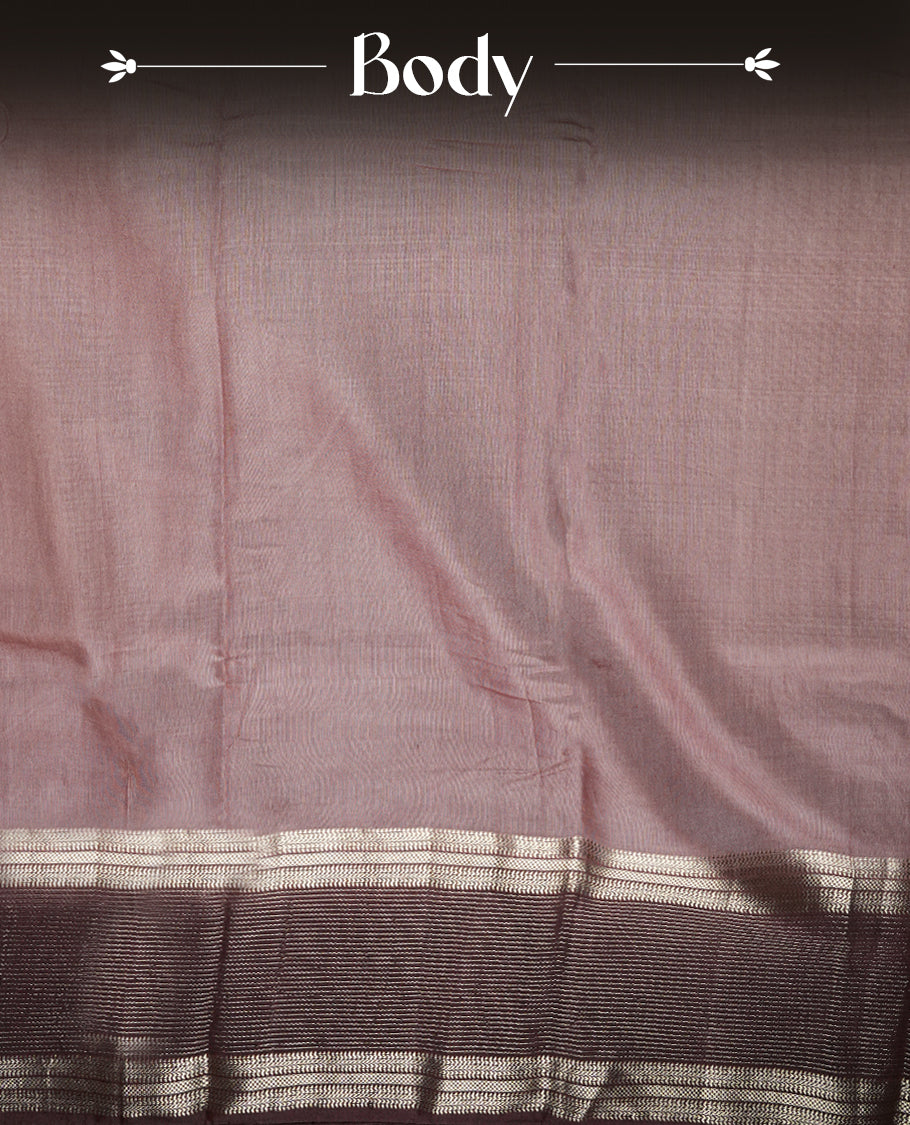 Dusty pink and brown colour mixed chanderi cotton saree with plain body, deep brown pallu, silver zari striped border, matching brown blouse.