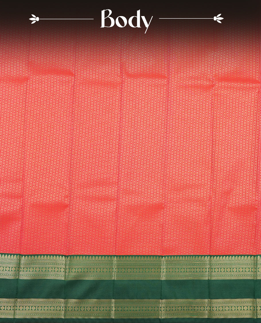 Red colour Semi Silk Saree with gold zari patterns on the body, paired with a contrasting green traditional pallu and border, and a matching blouse piece.