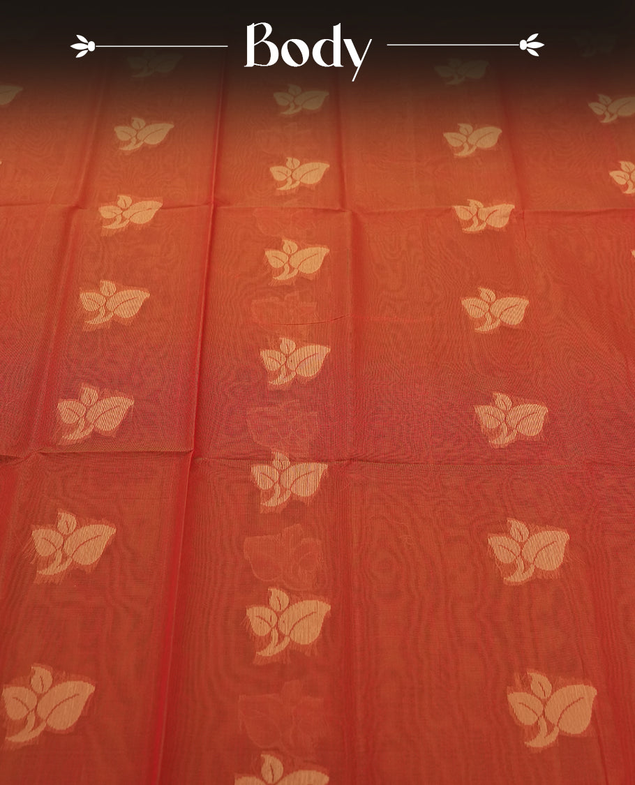 Orange Colour Silk Cotton Saree with Cream Leaf Butta Body, Contrasting Cream Zari Pallu & Border, Floral Motifs, and Matching Woven Blouse Piece