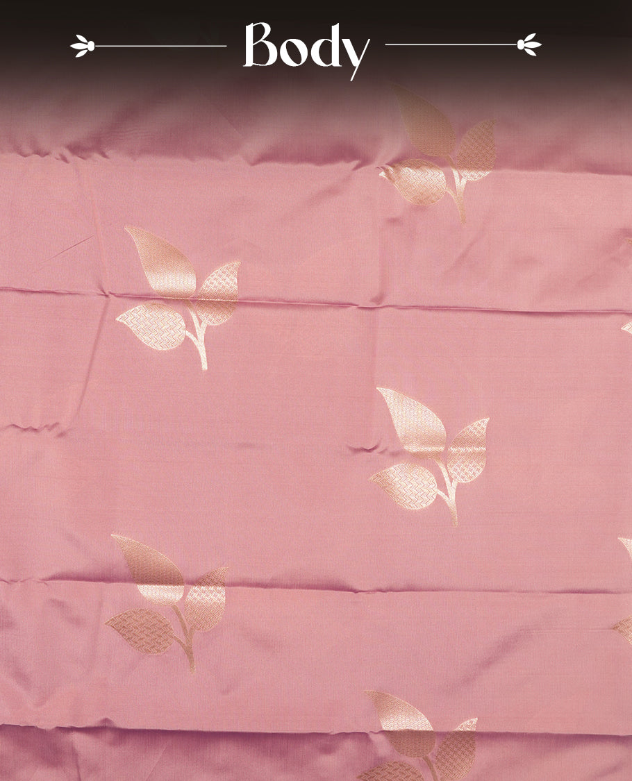 Dusty Rose Semi Silk Saree with Rose Gold Satin-Finish Pallu Featuring Bold Leaf Motifs, Geometric Zari Edging and Tassels, Paired with Coordinated Blouse Piece