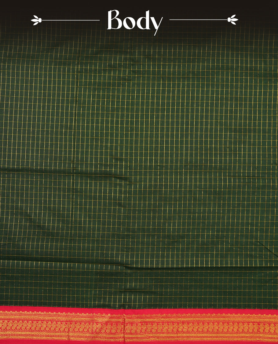 Dark Green coloured mixed Kalyani cotton saree featuring golden zari checks on the body, complemented by a dark red coloured border and pallu adorned with golden zari patterns, Paired with a matching blouse.