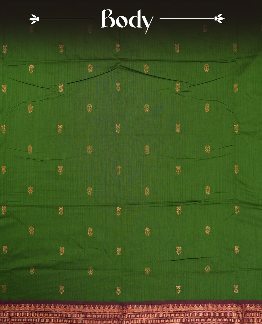 Olive green colour Kalyani Cotton saree with maroon border and temple motifs on pallu, adorned with copper zari motifs and intricate weaving & Comes with a matching blouse piece.