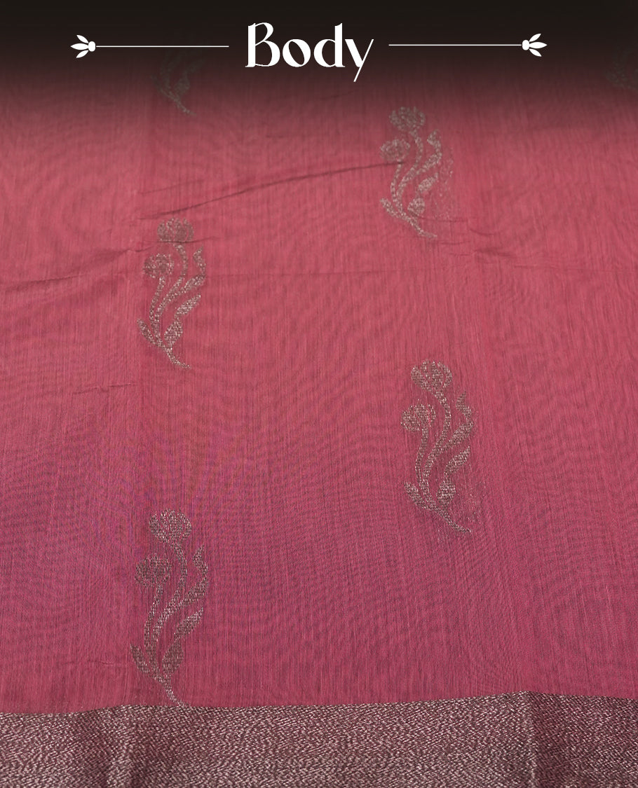 Wine Purple Colour Silk Cotton Saree with Dark Silver Floral Butta Body, Contrasting Charcoal Gray Silver Zari Pallu & Border, Floral Vine Motifs, and Matching Gray Woven Blouse Piece