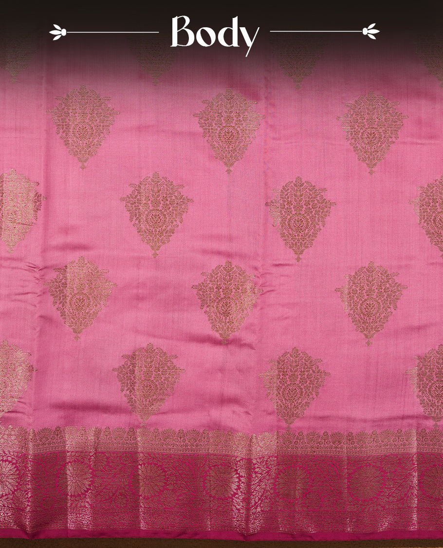 Pink Colour Banaras Soft Silk Saree with Gold Zari Diamond Buttas, Intricate Multi-Layered Floral Border, Grand Pallu with Paisley Motifs in Varying Pink and Maroon Tones, and Matching Blouse.