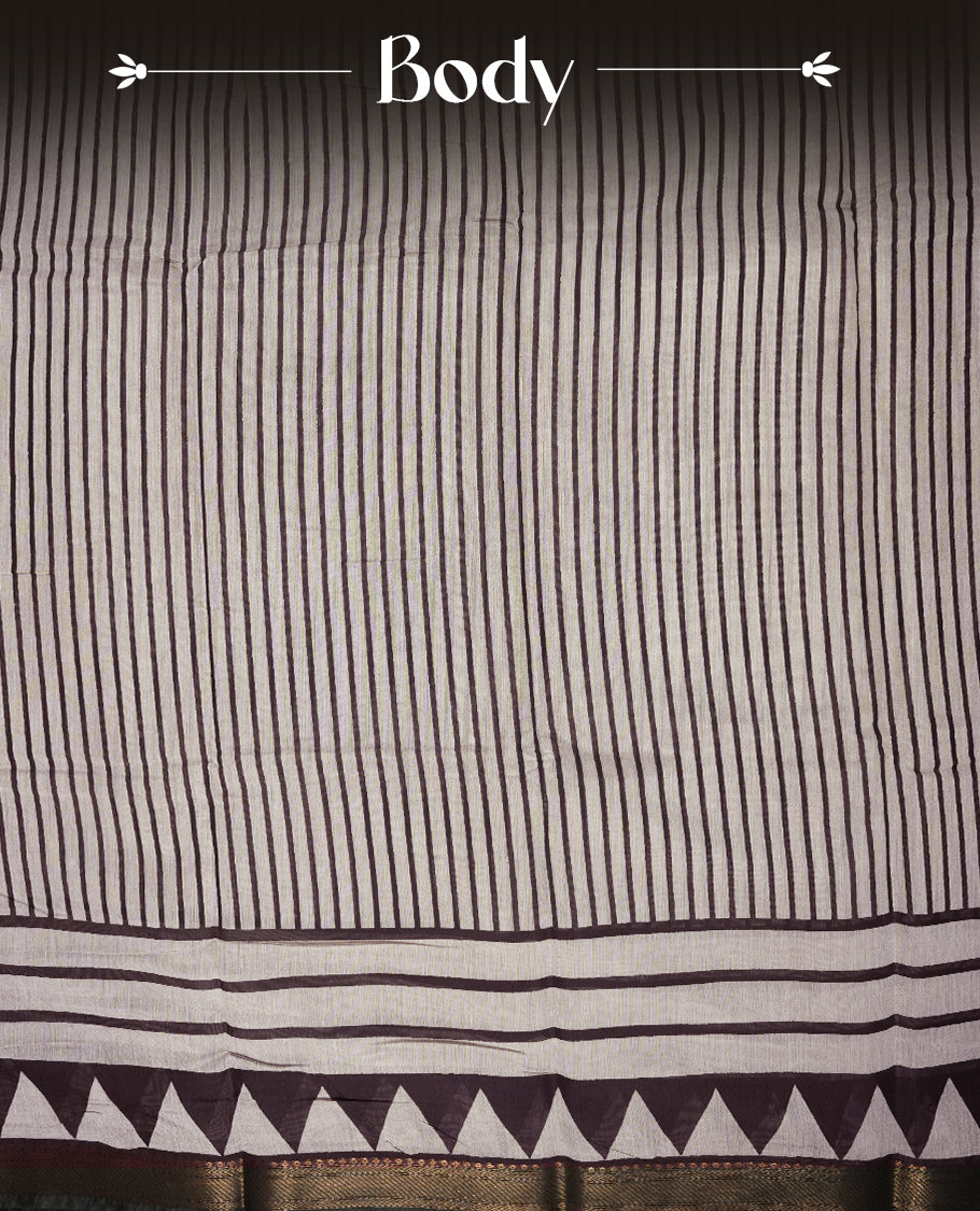 Off white and brown colour mixed chanderi cotton saree with vertical striped body, brown and off-white triangle geometric border, golden zari border, and matching brown blouse.
