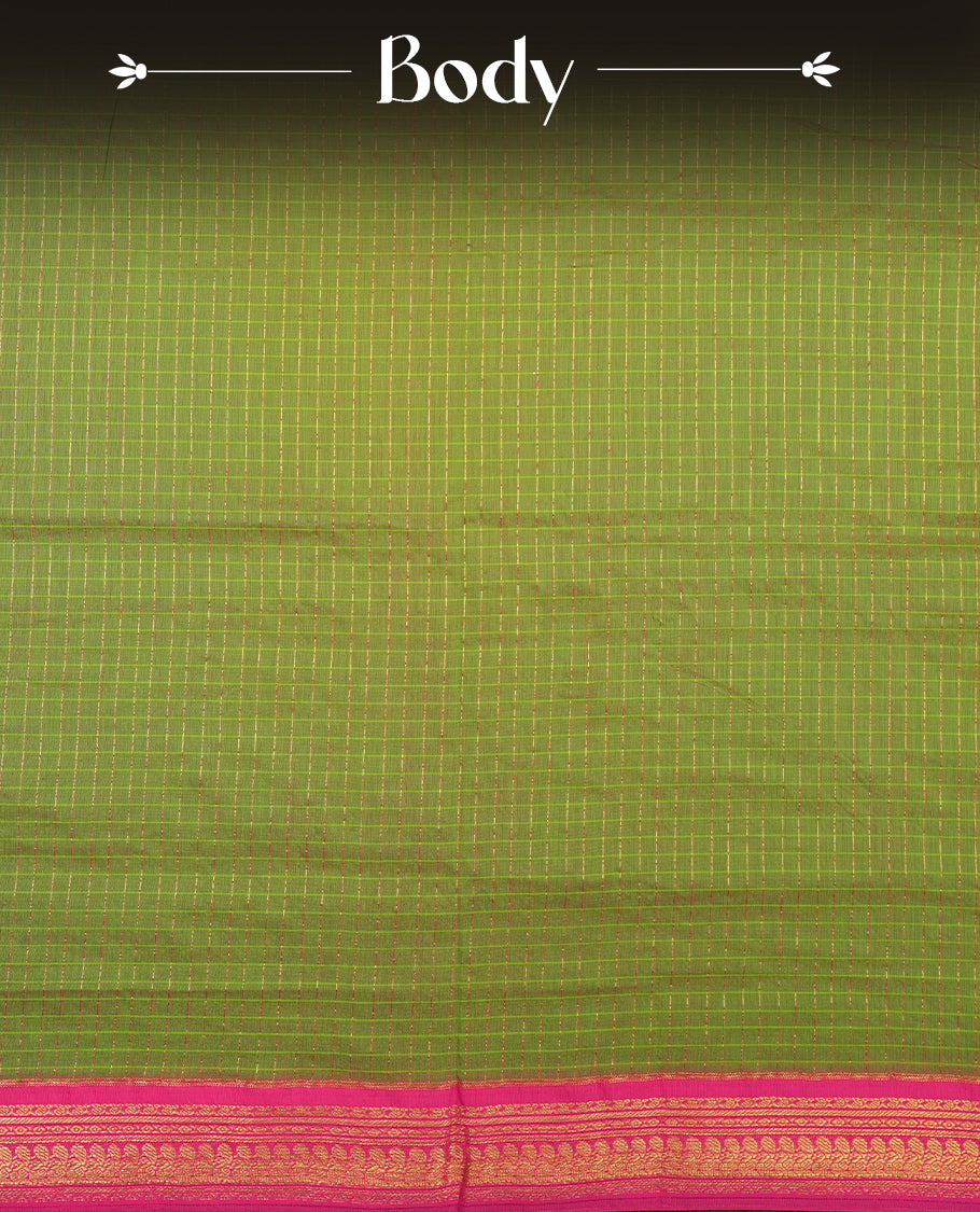 Pistachio coloured mixed Kalyani cotton saree featuring golden zari checks on the body, complemented by a pink coloured border and pallu adorned with golden zari patterns, Paired with a matching blouse.