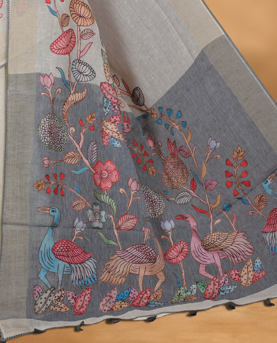 Cream colour cotton linen silk saree featuring Floral & brids printed pattern on body, golden simple border with gray colour pallu and comes with a matching blouse