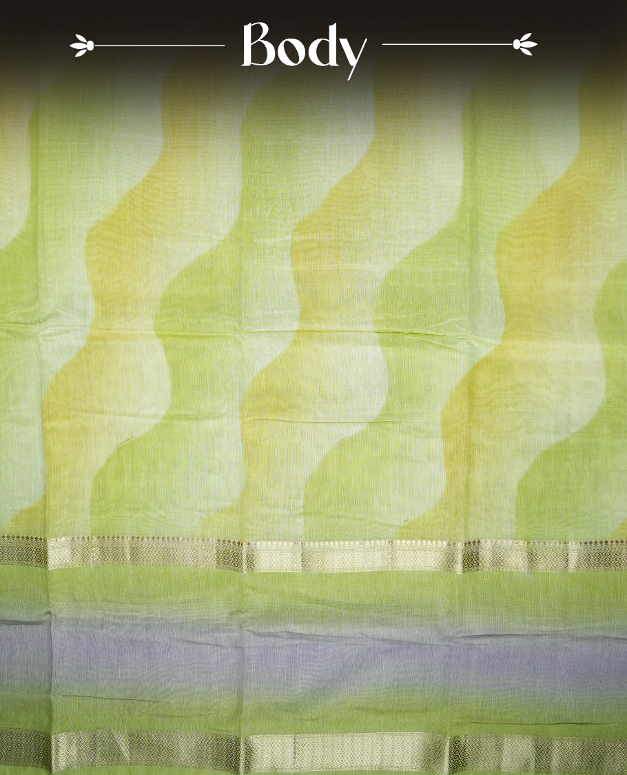 Pastel yellow green colour mixed chanderi cotton saree with wavy body, golden zari border, lavender-gray border accents, and matching blouse.