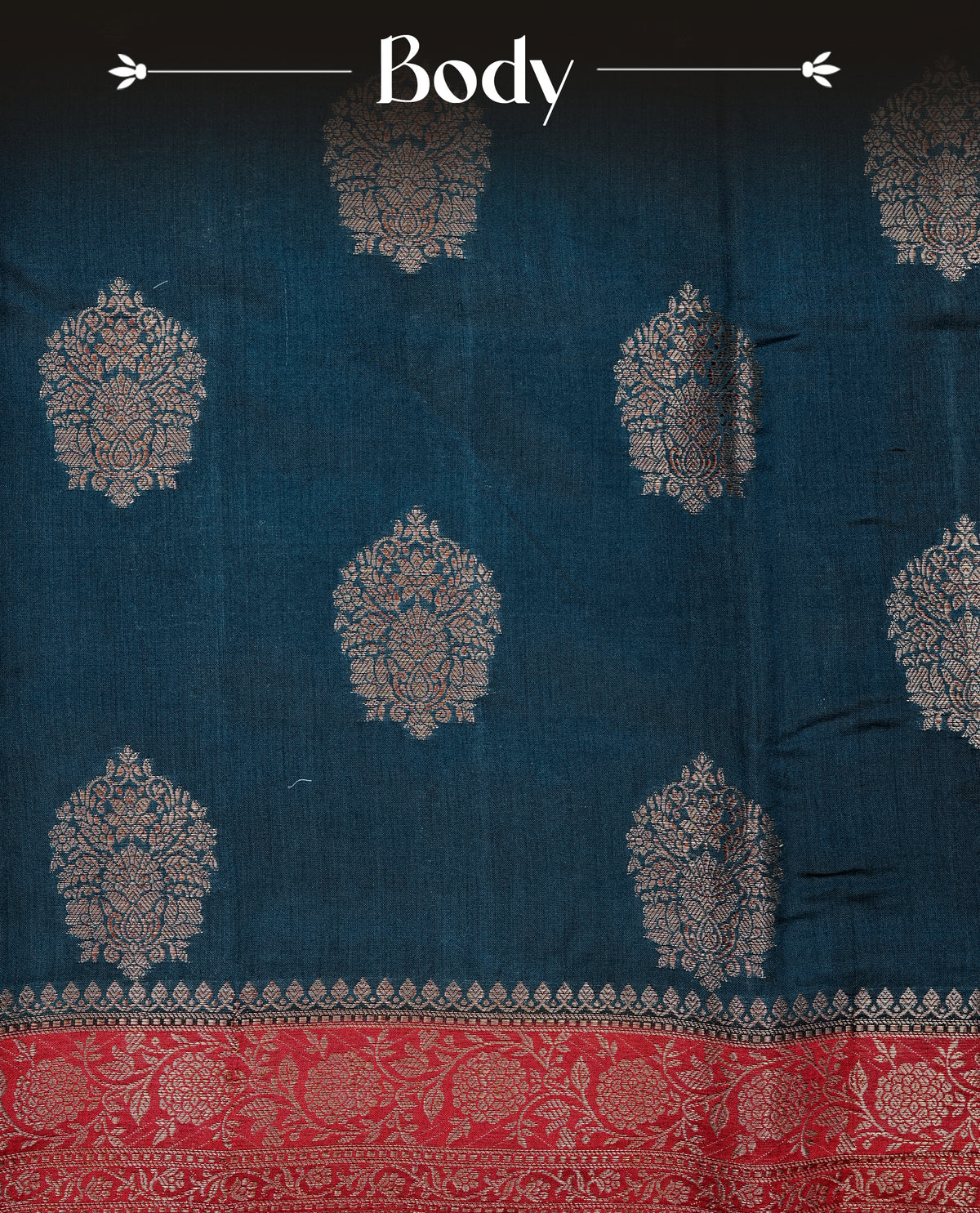 Teal blue colour banaras saree featuring gold zari motifs on body, complemented by contrast Maroon colour with gold zari border, comes with matching blouse piece.