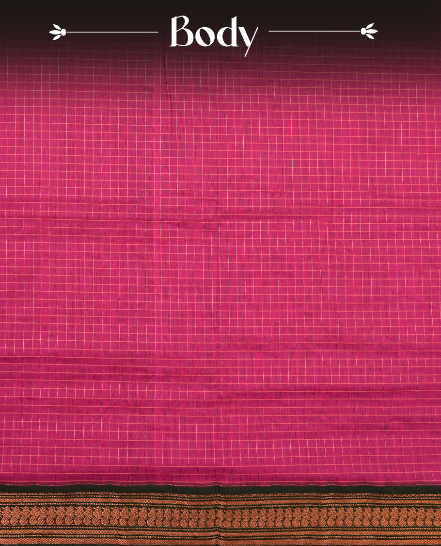 Magenta purple coloured mixed Kalyani cotton saree featuring copper zari checks on the body, complemented by a dark green coloured border and pallu adorned with copper zari patterns, Paired with a matching blouse.