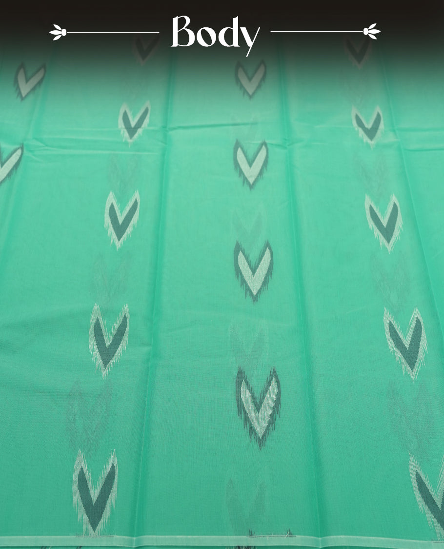 Turquoise Colour Silk Cotton Saree with White and Grey Arrow Motifs Body, Accented by White Floral Geometric Pattern Pallu, Paired with Matching Blouse Piece