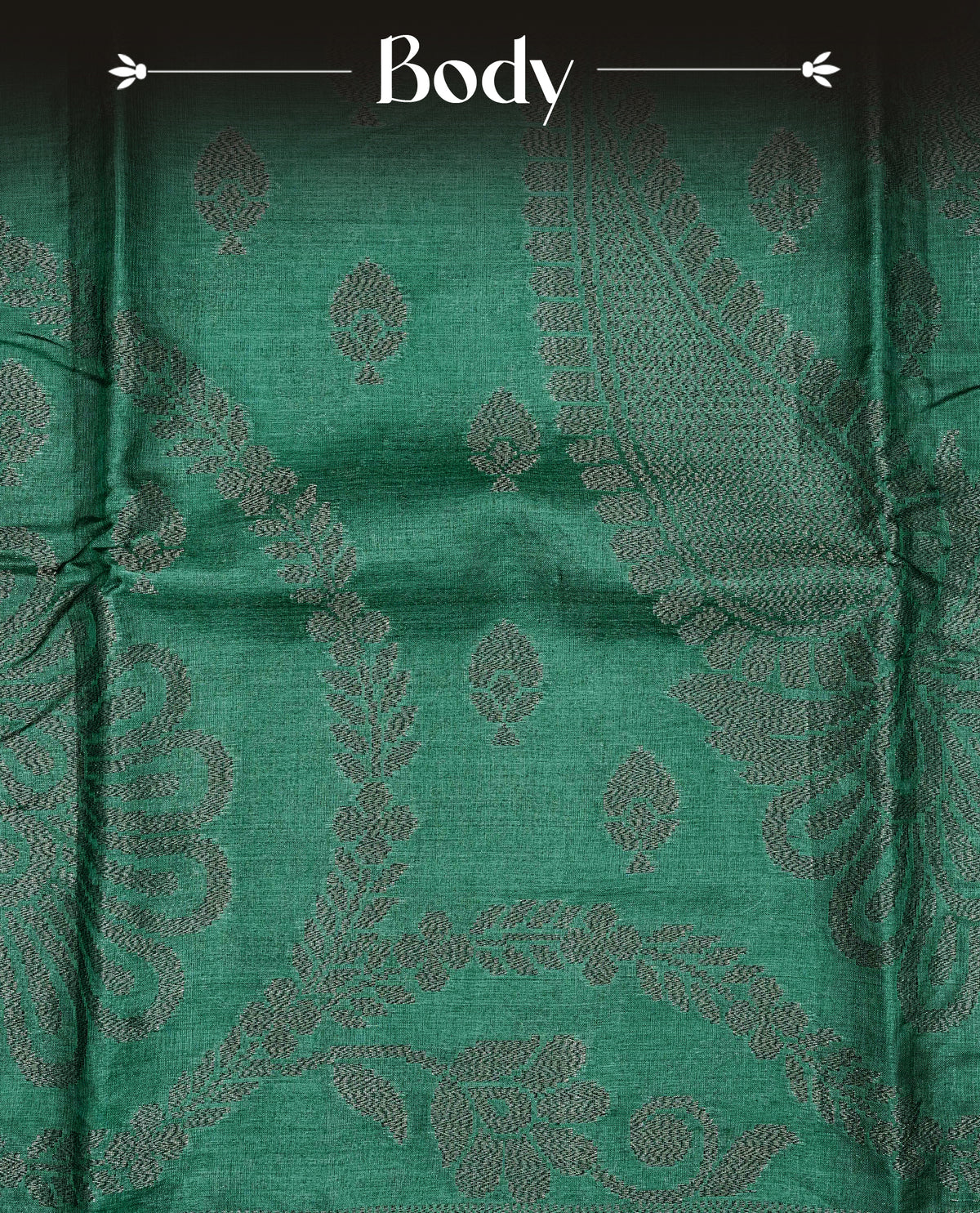 Green colour banaras saree featuring Antique zari kodi pattern on body, complemented by borderless & comes with matching blouse piece.