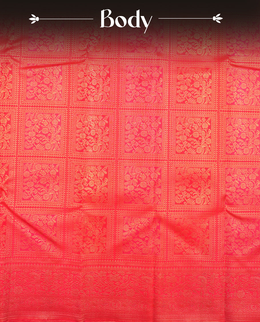 Red Kanchipuram Samudrika Silk Saree featuring Floral kodi in square pattern weaving with light gold zari jacquard and a traditional zari border, paired with a matching designer jacquard blouse piece