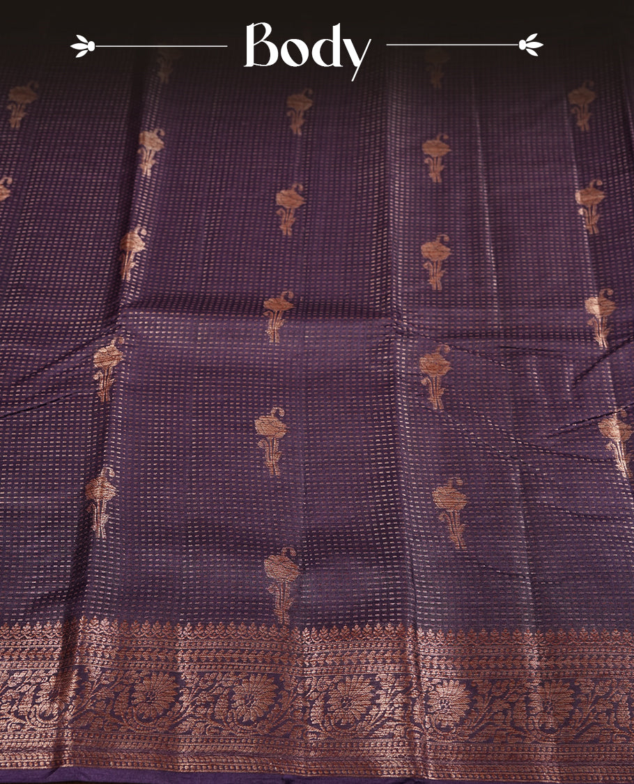 Cyber grape colour pure banarasi tussar Saree with antique design & golden motifs on the body, accentuated with an elegant traditional border, rich woven pallu and matching blouse piece.