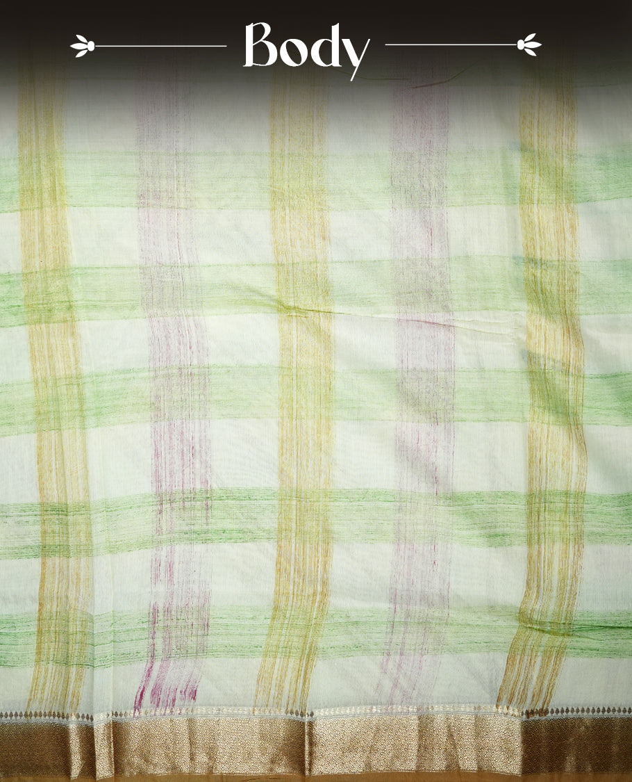 Multicolor mixed chanderi cotton saree with pastel checkered body in pink, green, yellow and off-white, golden zari border, matching golden pallu, and matching blouse.