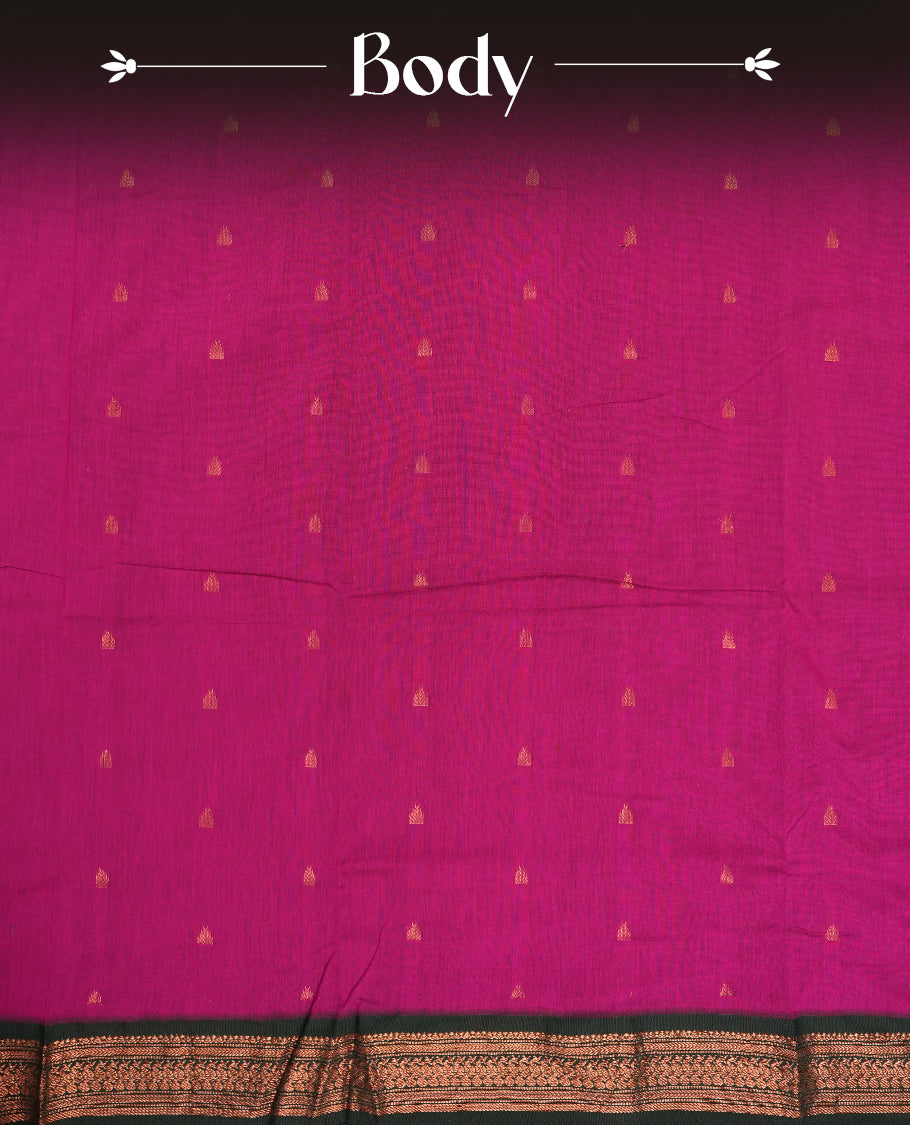 Magenta colour Kalyani cotton saree with intricate small motifs all over, paired with a contrasting green rich peacock & temple zari woven border and pallu & Comes with a matching blouse piece.