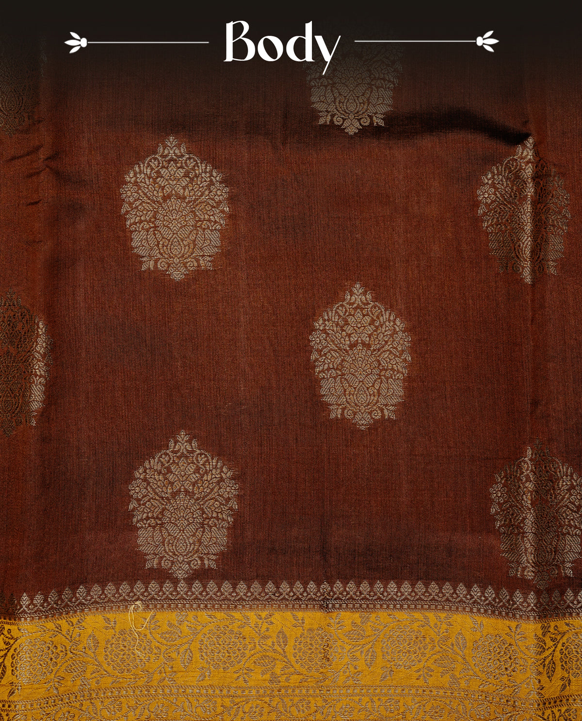 Chocolate colour banaras saree featuring gold zari motifs on body, complemented by contrast Mustard colour with gold zari border, comes with matching blouse piece.
