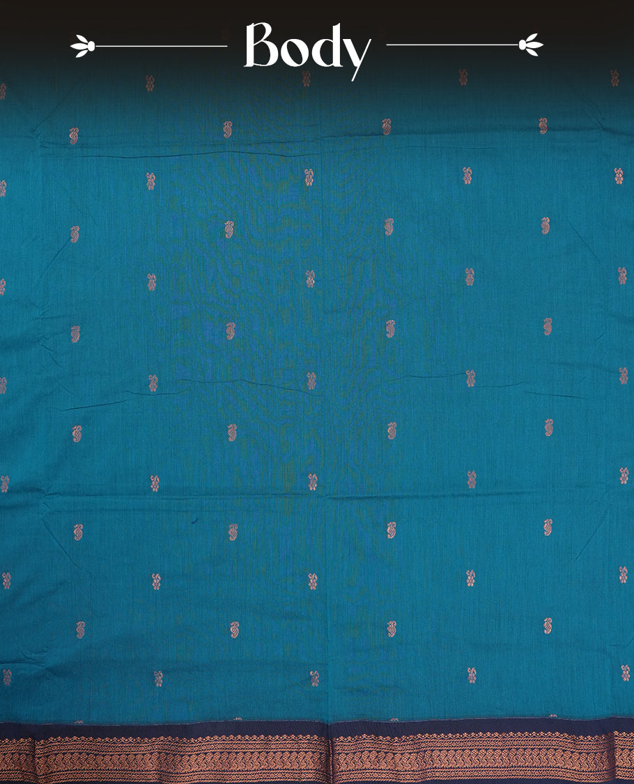 Blue colour Kalyani Cotton saree with rich navy blue border and pallu, featuring copper zari motifs and intricate weaving & Includes a matching blouse piece.
