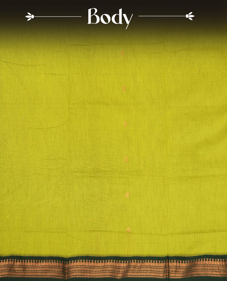 Lemon Green colour Kalyani Cotton saree with copper motifs, paired with a contrasting green border featuring intricate zari work & Comes with a matching blouse piece.