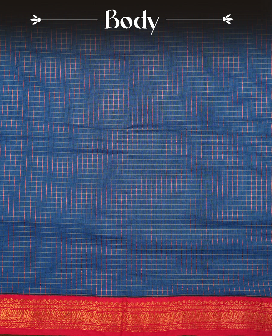 Royal Blue coloured mixed Kalyani cotton saree featuring copper zari checks on the body, complemented by a Dark red coloured border and pallu adorned with copper zari patterns, Paired with a matching blouse.