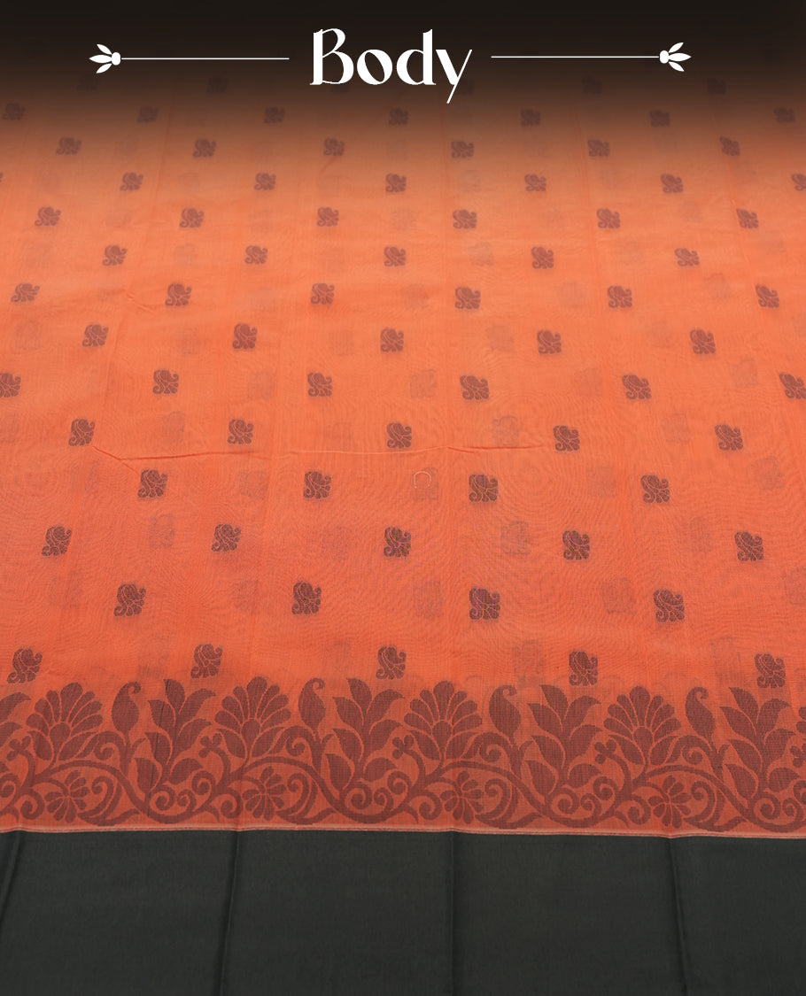 Peach orange silk cotton saree adorned with delicate woven motifs all over the body, paired with an elegant dark grey plain border and richly patterned pallu & Comes with a matching blouse piece for a complete ethnic look.