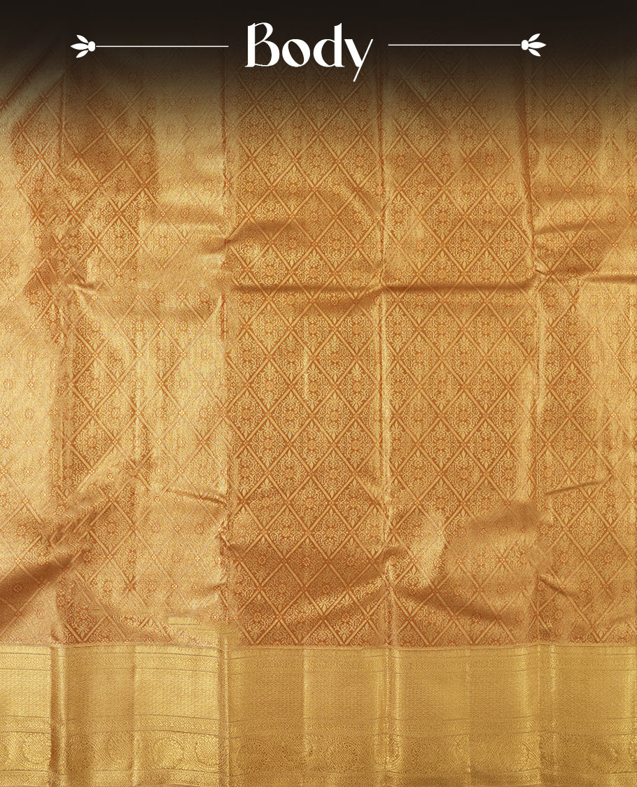 Golden colour and gold Zari Tissue Brocade Saree features intricate Dimond floral Motifs on body and self coloured border & pallu, paired with matching blouse