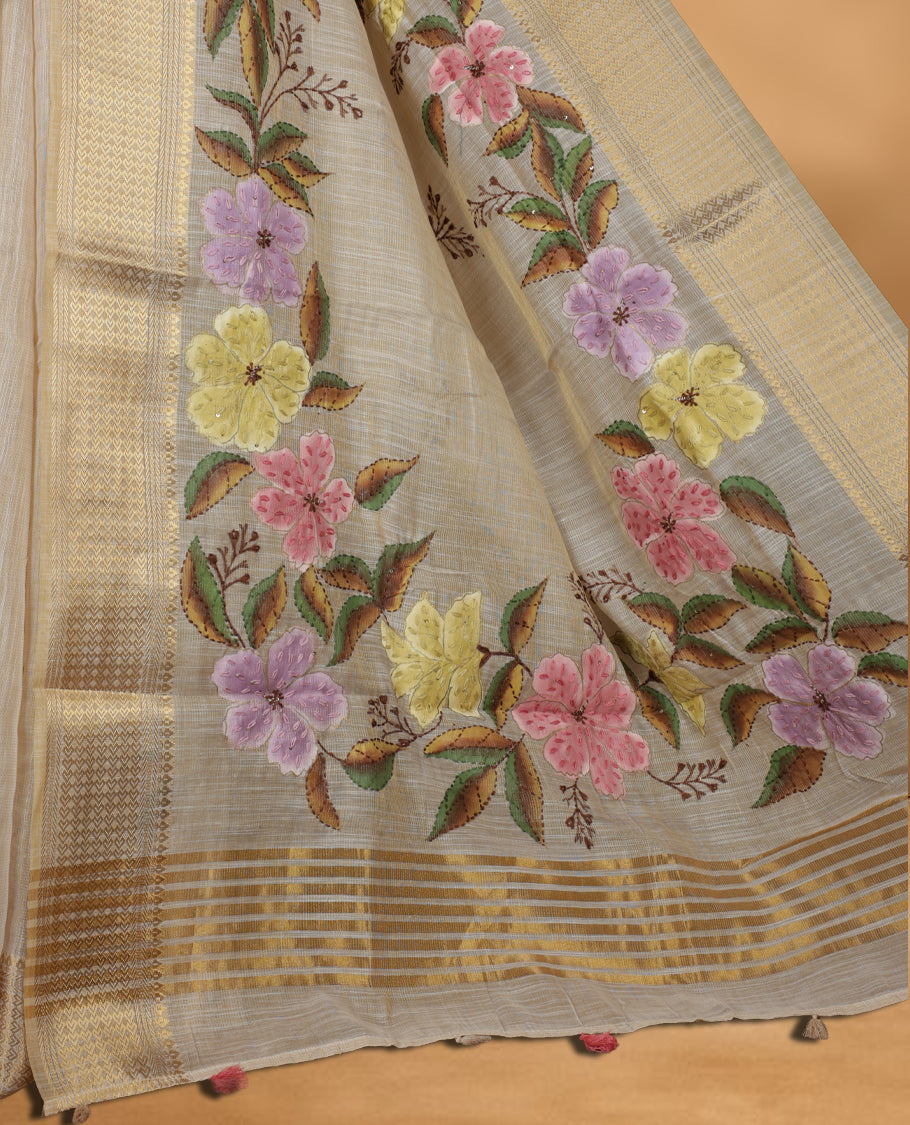 Beige colour Banarasi linen silk saree featuring hand brushed colour with Floral & birds printed pattern on body, gold zari woven geometric design border with self colour pallu and comes with a matching blouse