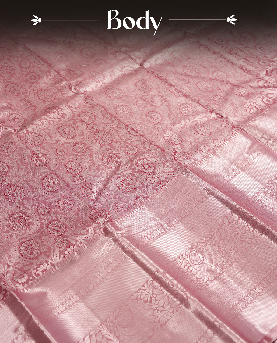 Soft red colour and Antique silver Zari Tissue Brocade Saree features intricate floral Motifs on body and traditional border & pallu with floral patterns, paired with matching blouse