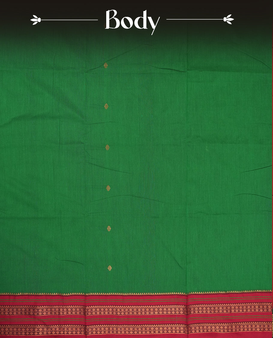 Royal green colour Kalyani cotton saree with contrast maroon border adorned with intricate golden zari weaving & Paired with matching blouse.