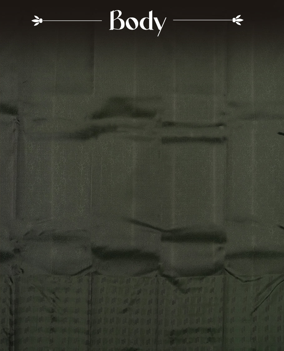 A dark green colour semi soft silk saree featuring a self coloured woven border and patterned body, complemented by self coloured pallu and a matching blouse piece.