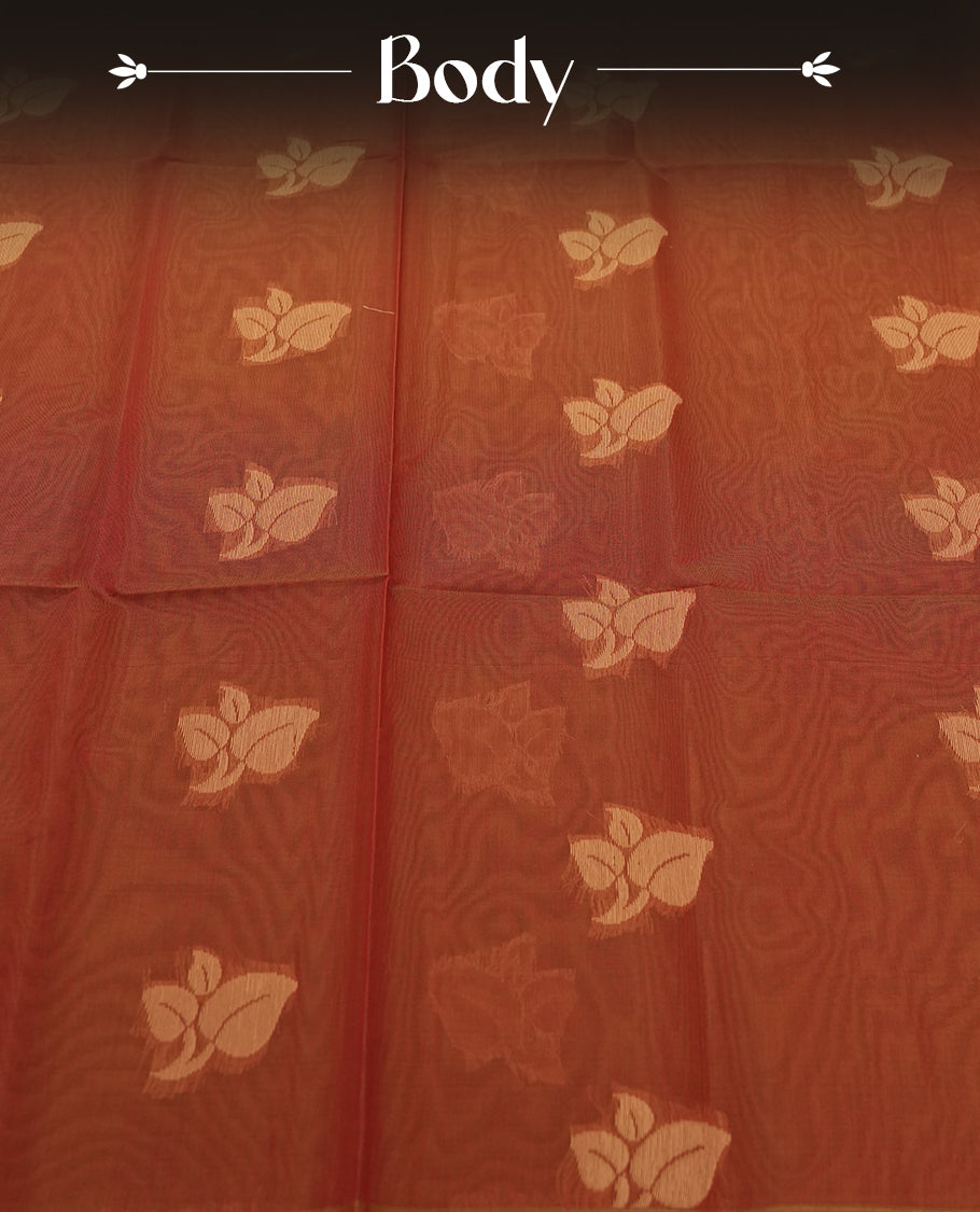 Brown Colour Silk Cotton Saree with Cream Leaf Butta Body, Contrasting Cream Zari Pallu & Border, Floral Motifs, and Matching Woven Blouse Piece