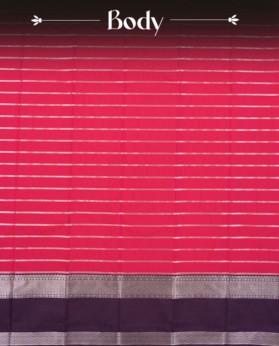 Raspberry Pink Colour Semi Silk Saree with Silver Horizontal Striped Body, Contrasting Deep Purple Silver Zari Pallu & Border, Traditional Leaf Motifs, and Matching Blouse Piece
