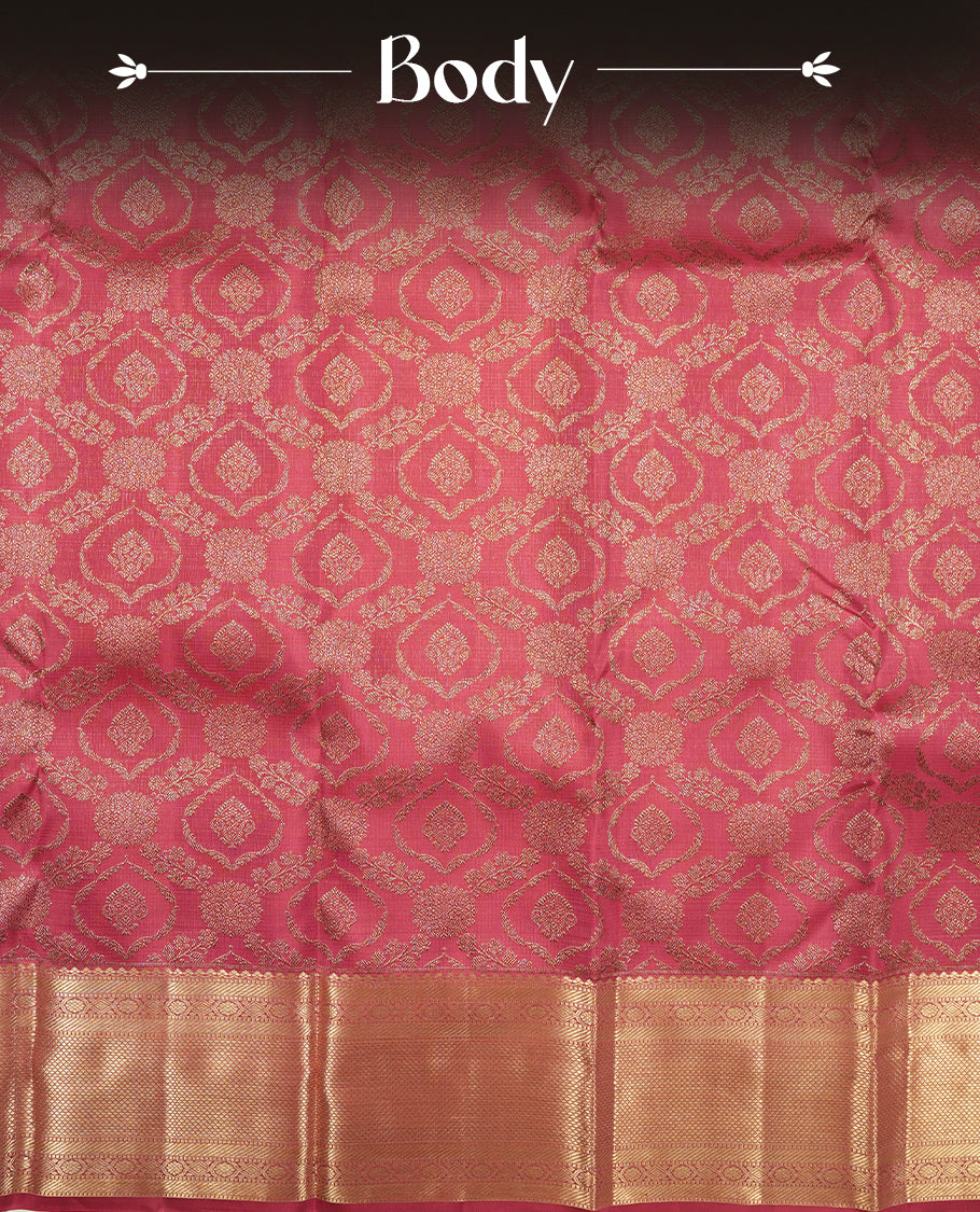 Onion Pink colour Kanchipuram Samudrika Silk Saree featuring Floral kodi pattern weaving with gold zari jacquard and a traditional zari border, paired with a matching designer jacquard blouse piece