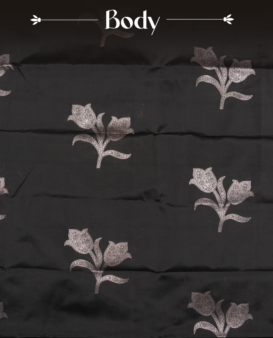 Black Semi Silk Saree with Silver Zari Floral Woven Pallu and Border, Subtle Zari Butta Motifs on the Body, Tassel Detailing, and Coordinated Blouse Piece